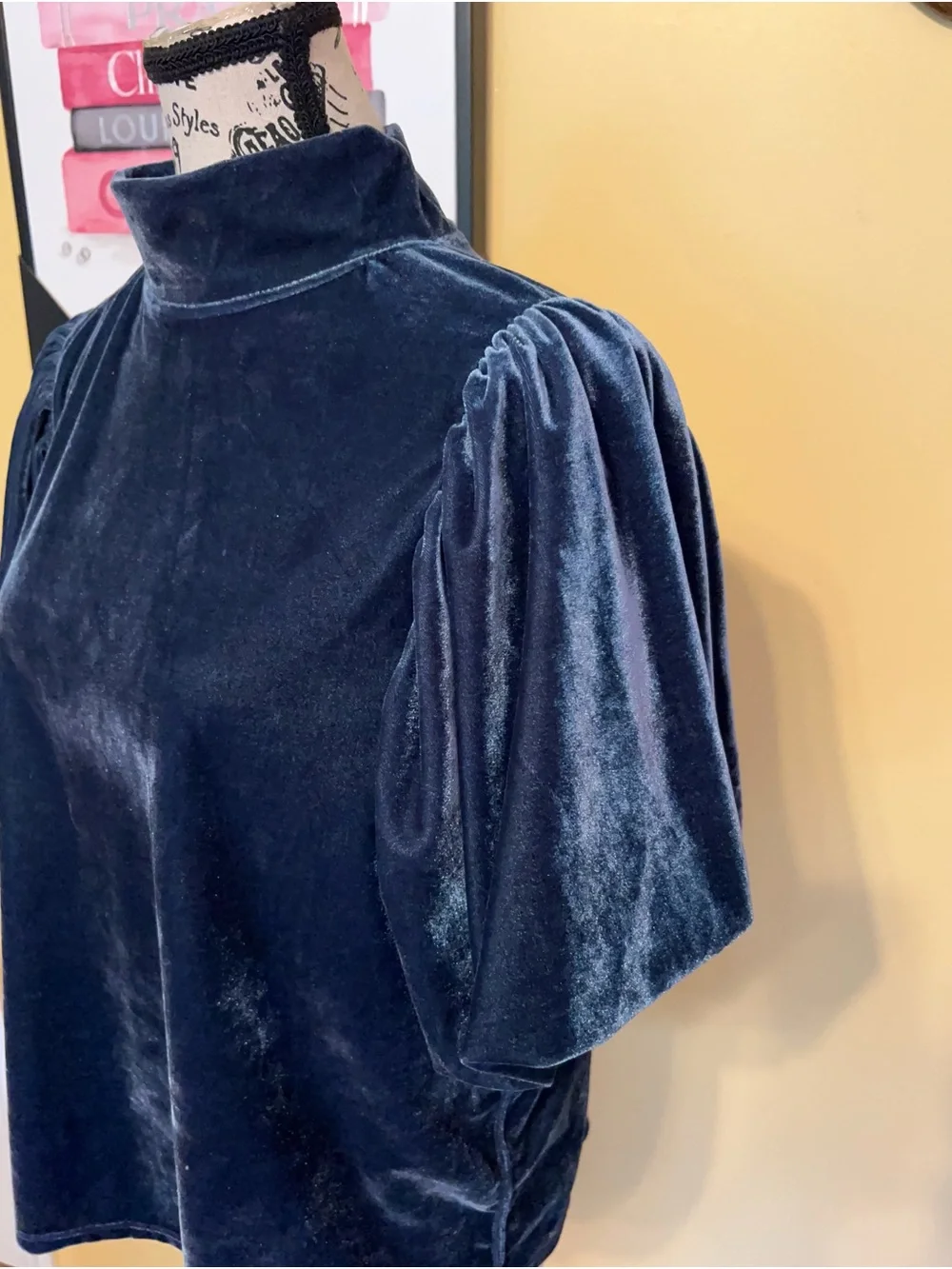 Free People Navy Velvet Mock Neck Puff Sleeve Top size L